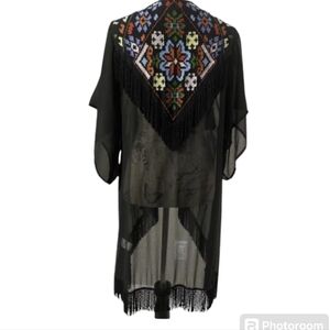Judith March Black Boho Embroidered Fringed Kimono